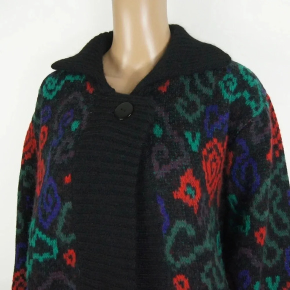 Rare Vintage 80s 90s Lancome Abstract Floral Wool Knit Wool Cardigan Sweater - Picture 5 of 6